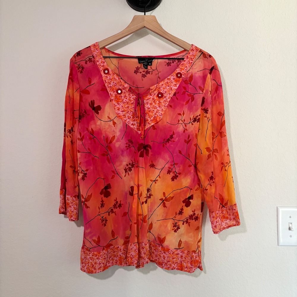 Vintage Carole Little Blouse 10 Floral Mirror Detail Pink Orange Boho Summer Top
